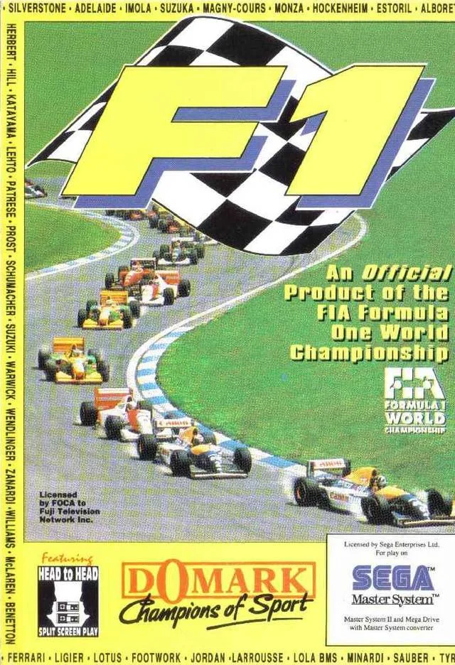 Portada europea de F1 per a Sega Master System, amb diversos monoplaces sota una bandera de quadres.