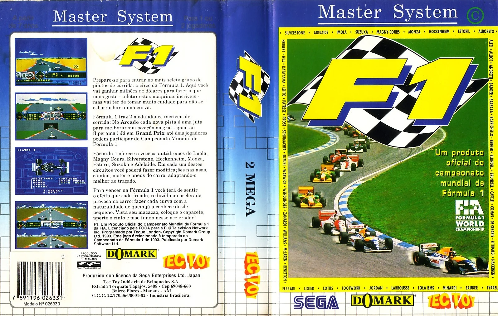 Caràtula brasilera desplegada de F1 per a Master System, amb textos en portuguès i les marques Sega, Domark i Tec Toy.