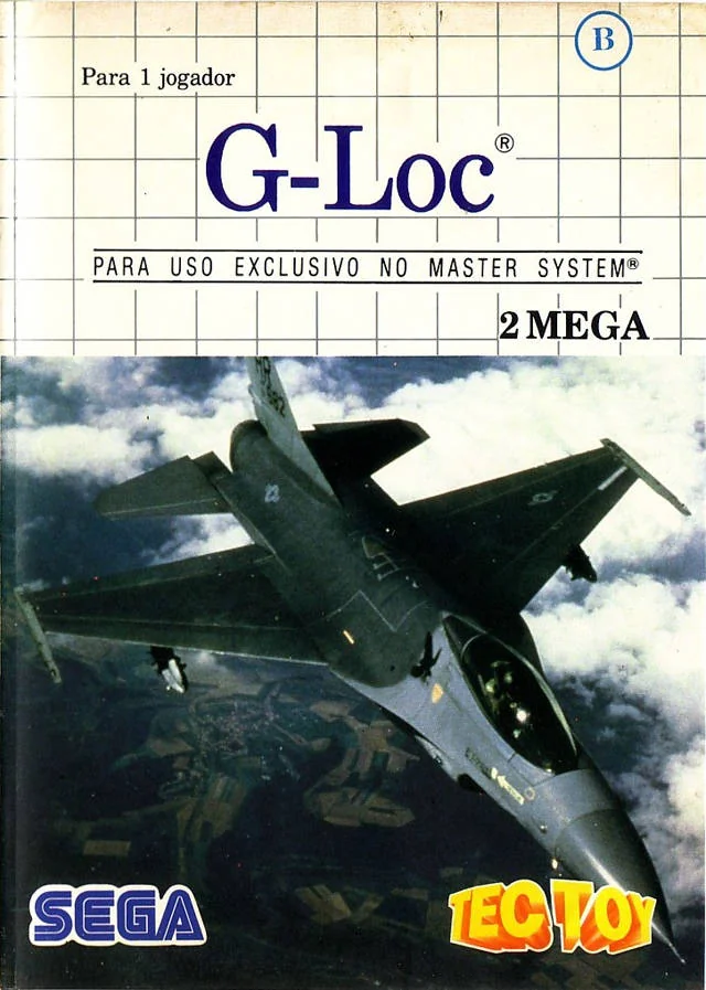 Portada brasilera de G-Loc per a Master System, amb un caça sobre els núvols i les marques de Sega i Tec Toy.