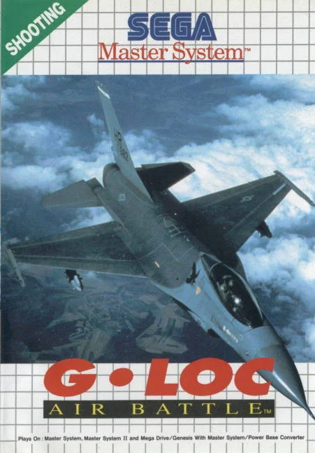 Portada europea de G-LOC: Air Battle per a Sega Master System, amb un caça volant entre els núvols.