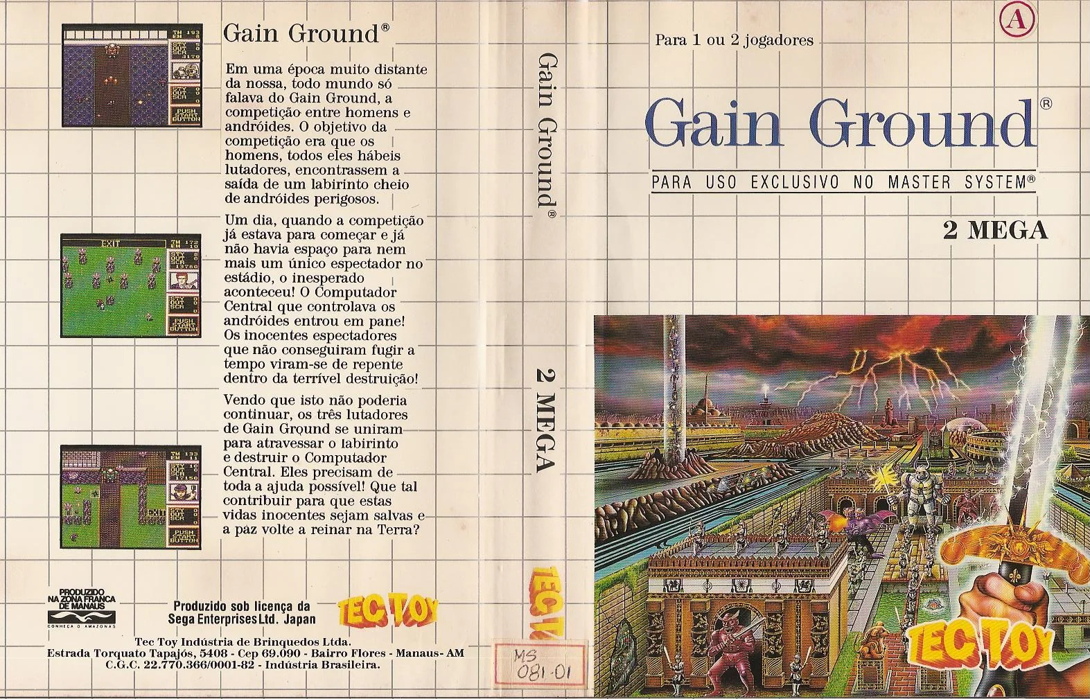 Caràtula brasilera desplegada de Gain Ground, amb portada, llom i contraportada de Tec Toy.