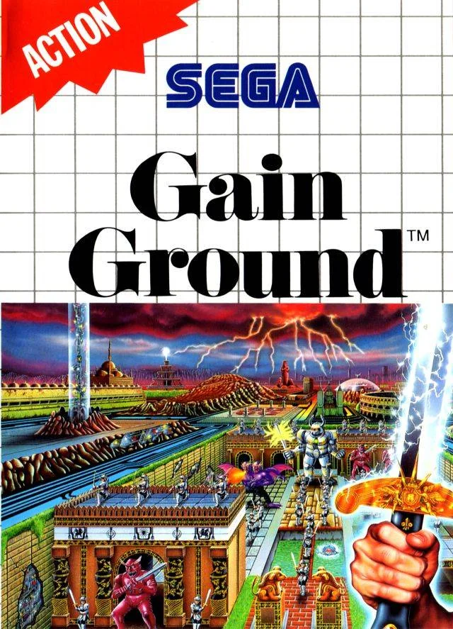 Portada europea de Gain Ground per a Sega Master System, amb combatents dins un recinte futurista.