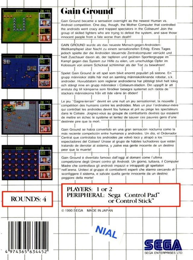 Contraportada europea de Gain Ground per a Master System, amb captures i text multilingüe.