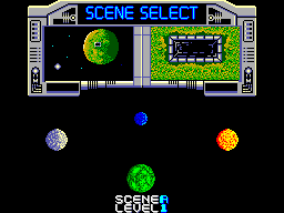 Pantalla Scene Select amb quatre planetes de colors, previsualitzacions i el nivell de dificultat.