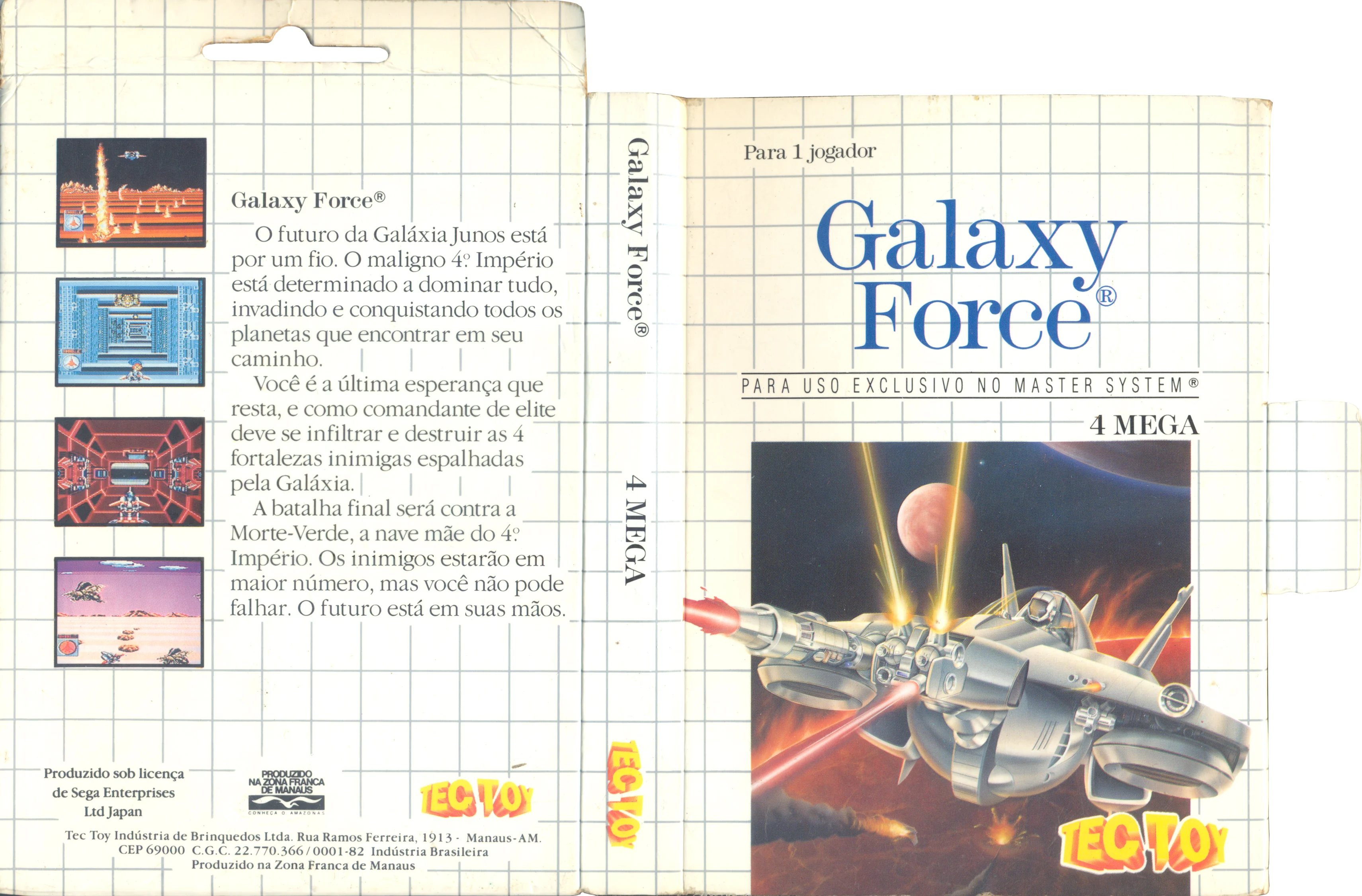 Capsa brasilera desplegada de Galaxy Force amb text en portuguès, marca Tectoy i captures a la contraportada.