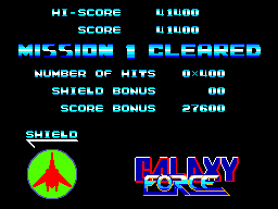 Pantalla de resultats amb el missatge MISSION 1 CLEARED, puntuació i bonificació d’escut.