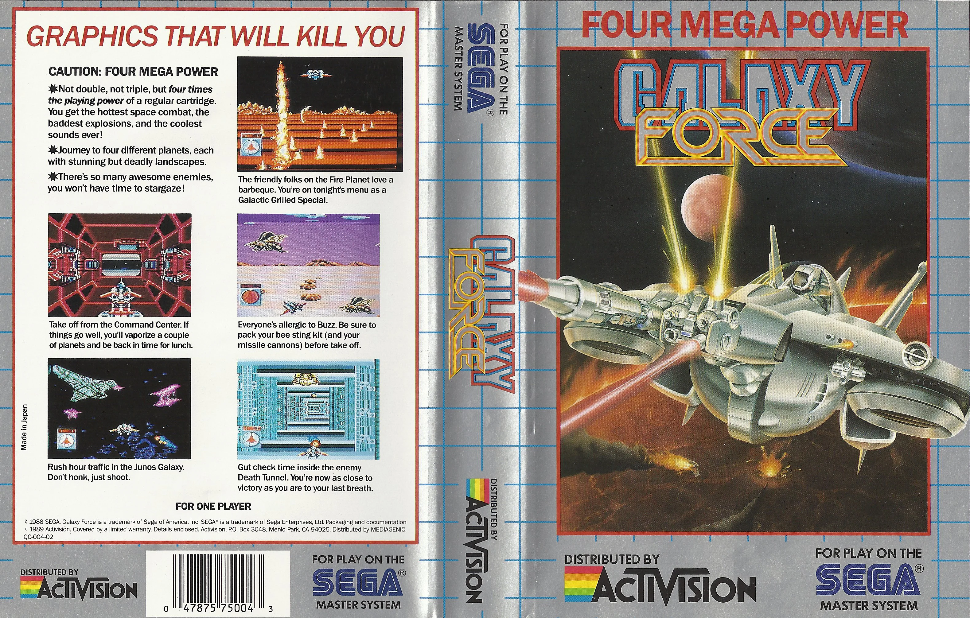 Capsa nord-americana desplegada de Galaxy Force, amb Activision a la portada i captures a la contraportada.