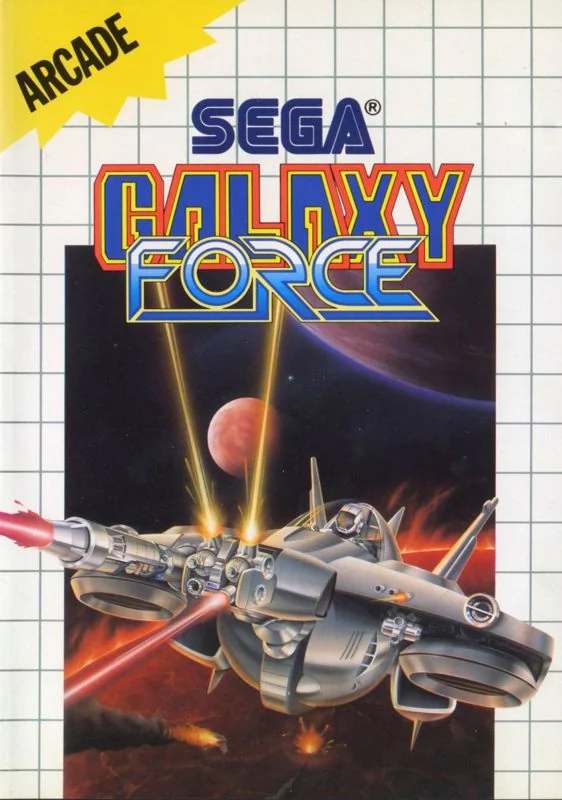 Portada europea de Galaxy Force per a Sega Master System amb una nau sobre un paisatge planetari.