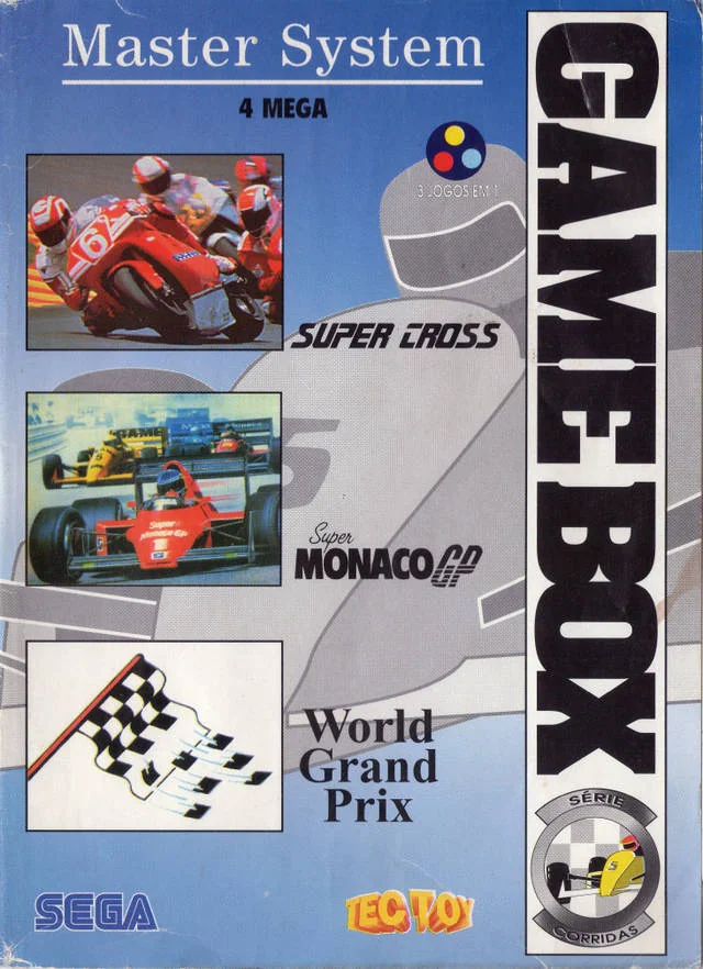 Portada brasilera de Game Box Série Corridas amb una moto, un monoplaça i una bandera de quadres.