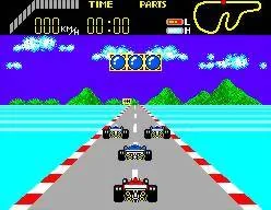 Diversos monoplaces de World Grand Prix esperant el senyal de sortida, amb indicadors a la pantalla.