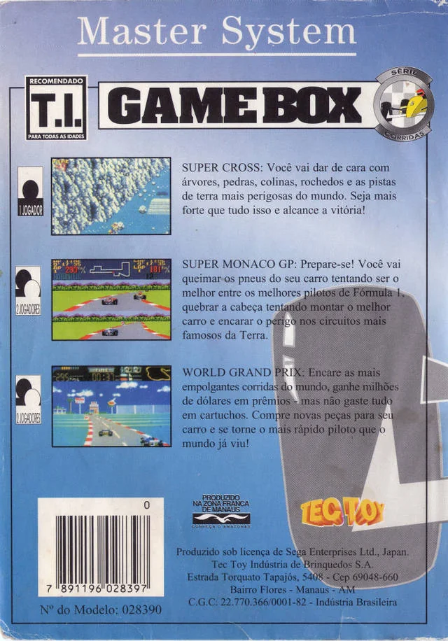 Contraportada brasilera de Game Box Série Corridas amb captures i descripcions en portuguès dels tres jocs.