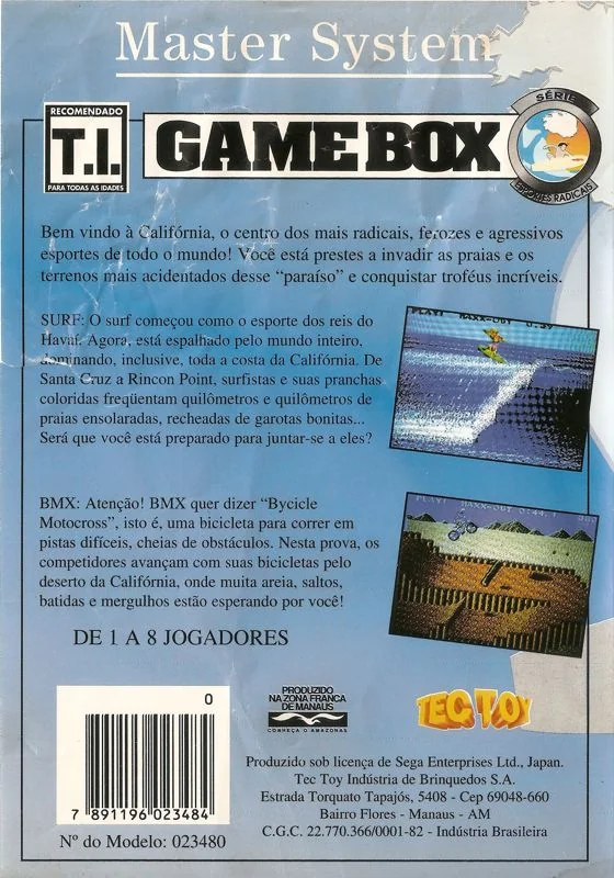 Contraportada brasilera de Game Box Série Esportes Radicais amb textos en portuguès i captures de surf i BMX.