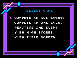 Menú principal amb les opcions All The Events, One Event, Practice, View Scores i Title Screen.