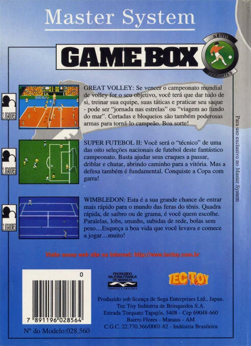 Cara posterior de la capsa brasilera de Game Box Série Esportes amb captures dels tres jocs inclosos.