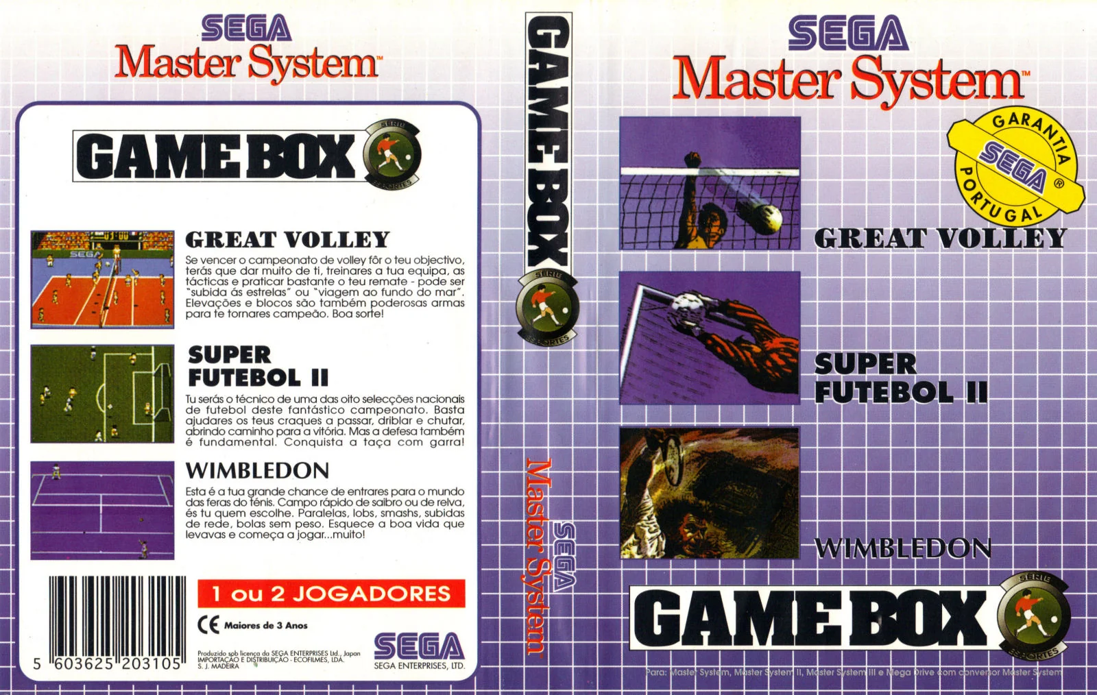 Caràtula portuguesa desplegada de Game Box Série Esportes, amb portada, llom, cara posterior i segell de garantia.