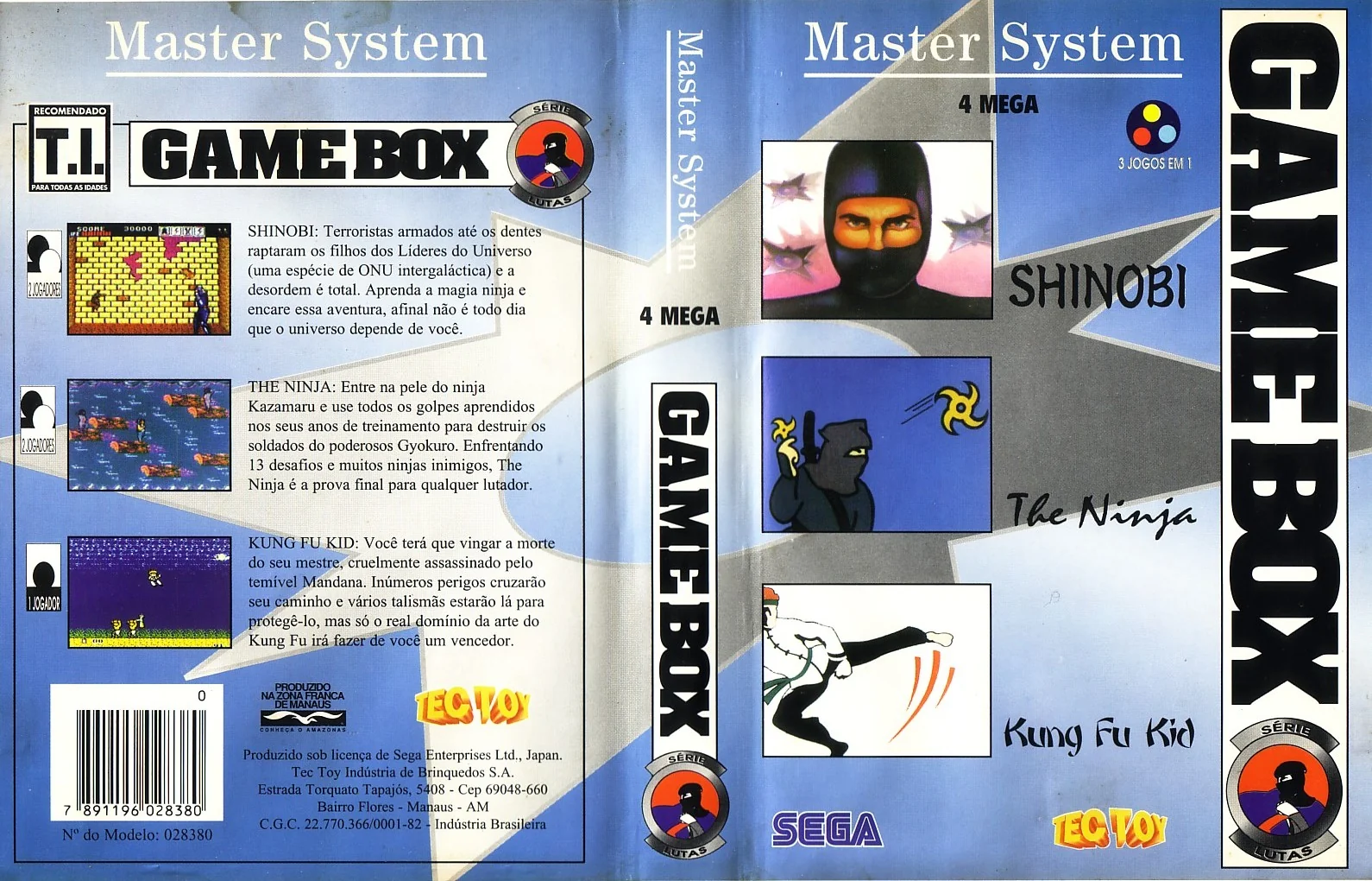 Coberta brasilera desplegada de Game Box Série Lutas, amb portada, llom, contraportada i captures dels tres components.