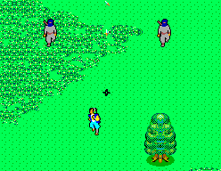 Kazamaru i dos enemics en un camp verd de The Ninja vist des de dalt.