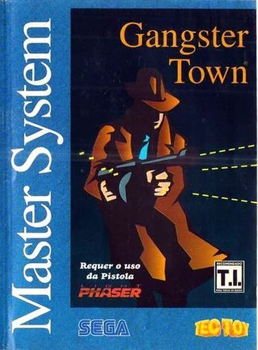 Portada de la reedició brasilera de Gangster Town amb disseny blau, una figura armada i els logotips de Sega i Tec Toy.
