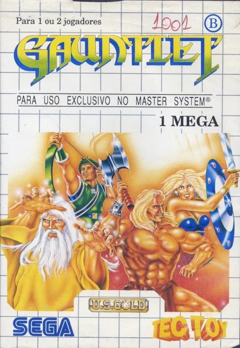 Portada brasilera de Gauntlet per a Master System, amb els quatre herois i els logotips de Sega, U.S. Gold i Tec Toy.