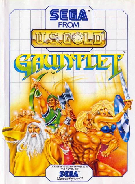 Portada europea de Gauntlet per a Sega Master System, amb els quatre herois davant d’un monstre.