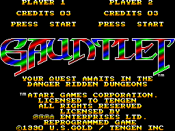 Pantalla de títol de Gauntlet amb opcions per a un o dos jugadors i marques d’Atari, Tengen, Sega i U.S. Gold.