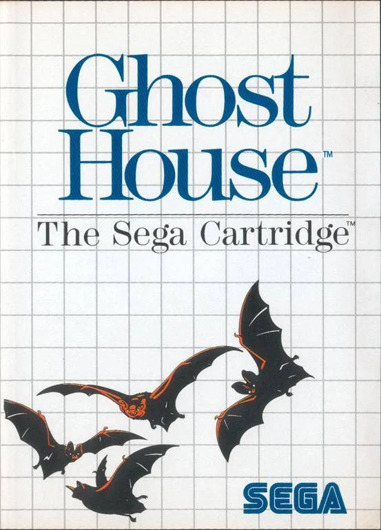 Portada europea de Ghost House per a Sega Master System, amb quatre ratpenats sobre la quadrícula blanca de Sega.
