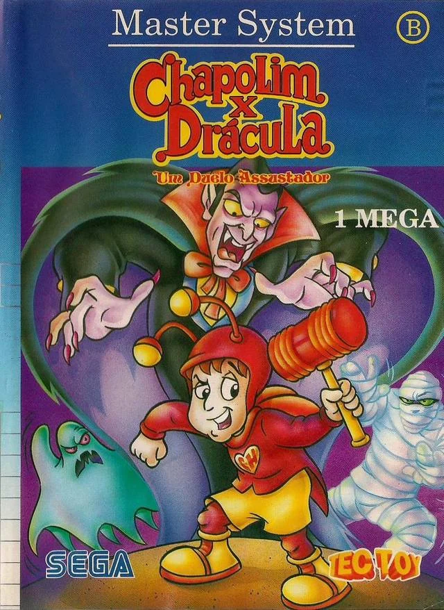 Portada brasilera de Chapolim X Drácula amb Chapolim armat amb un martell davant Dràcula, una mòmia i un fantasma.