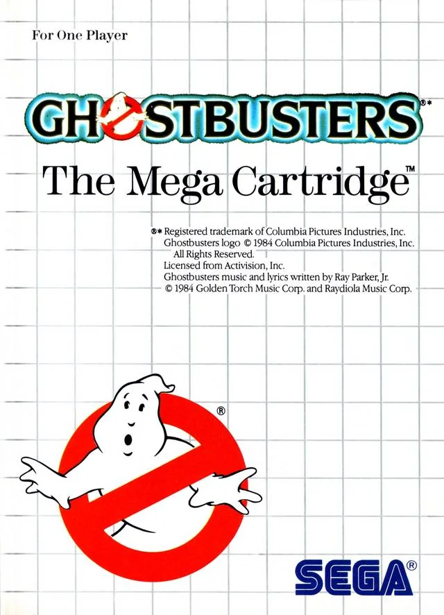 Portada nord-americana de Ghostbusters per a Sega Master System, amb el símbol del fantasma sobre una quadrícula blanca.