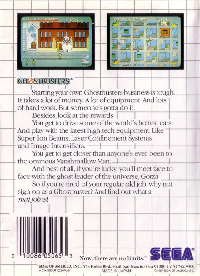 Contraportada nord-americana de Ghostbusters per a Sega Master System, amb dues captures i text promocional.