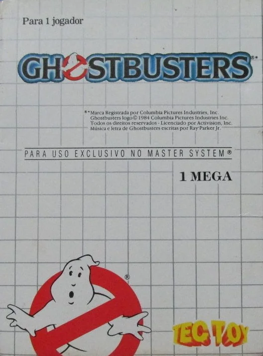 Portada brasilera de Ghostbusters amb text en portuguès, indicació d’un mega i logotip de Tec Toy.