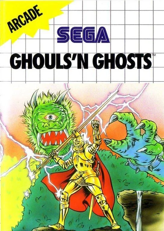 Portada europea de Ghouls 'n Ghosts per a Sega Master System amb Sir Arthur envoltat de monstres.