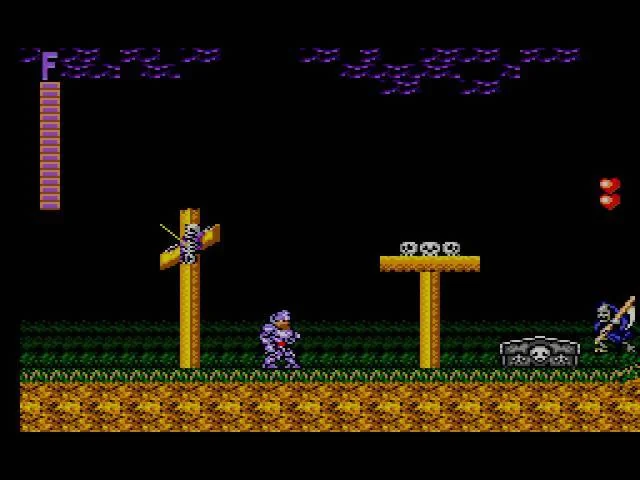 Sir Arthur armat davant d’un enemic, làpides i plataformes de calaveres en una partida de Ghouls 'n Ghosts.