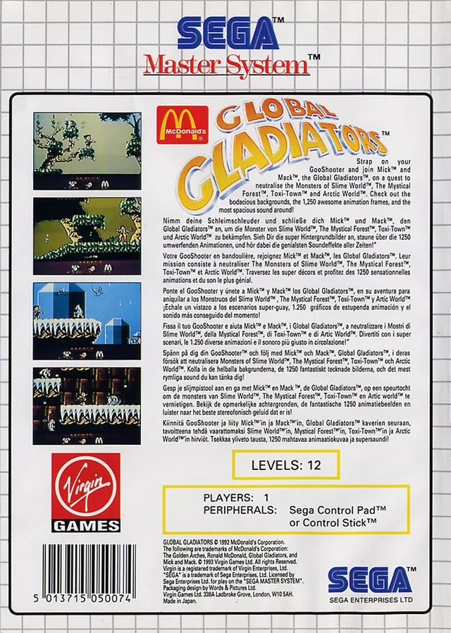 Contracoberta europea de Global Gladiators per a Sega Master System, amb captures i textos multilingües.