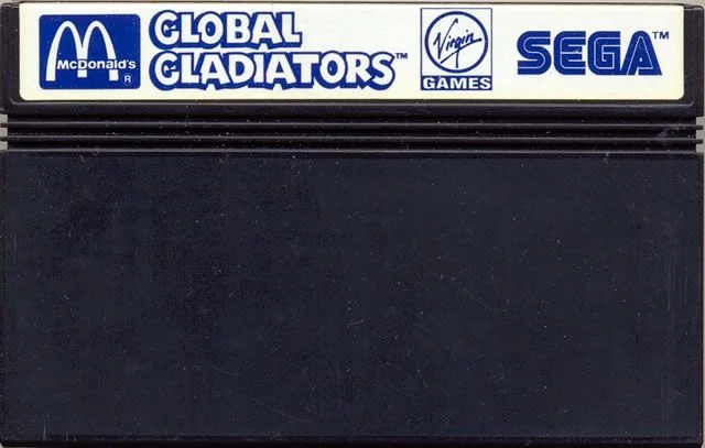 Cartutx europeu de Global Gladiators amb les marques de McDonald’s, Virgin Games i Sega.