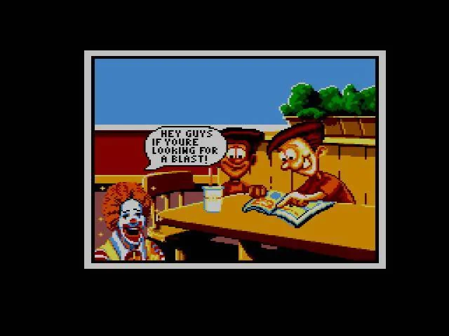 Ronald McDonald parla amb Mick i Mack dins d’un restaurant durant la introducció.