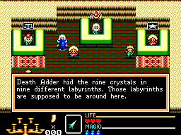 Conversa de Golden Axe Warrior que informa sobre els nou cristalls amagats als laberints.