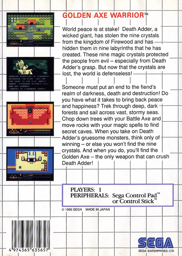 Contraportada europea de Golden Axe Warrior per a Sega Master System, amb sinopsi, quatre captures i la indicació que és per a un jugador.