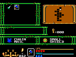 Pantalla d’estat de Golden Axe Warrior amb mapa, clau, cota de malla, escut, armes, vida i màgia.