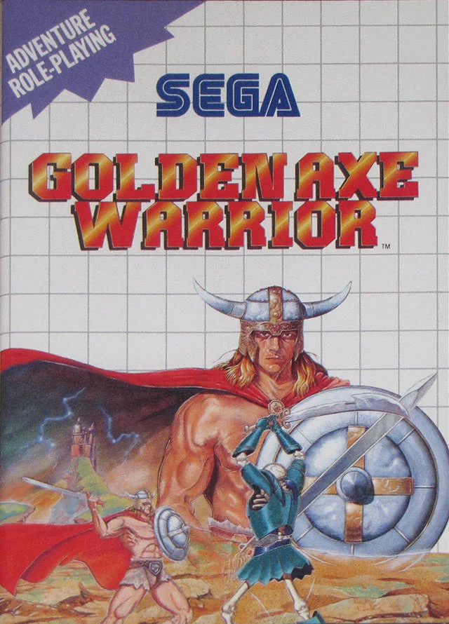 Portada europea de Golden Axe Warrior per a Sega Master System, amb un guerrer amb casc, capa i escut.