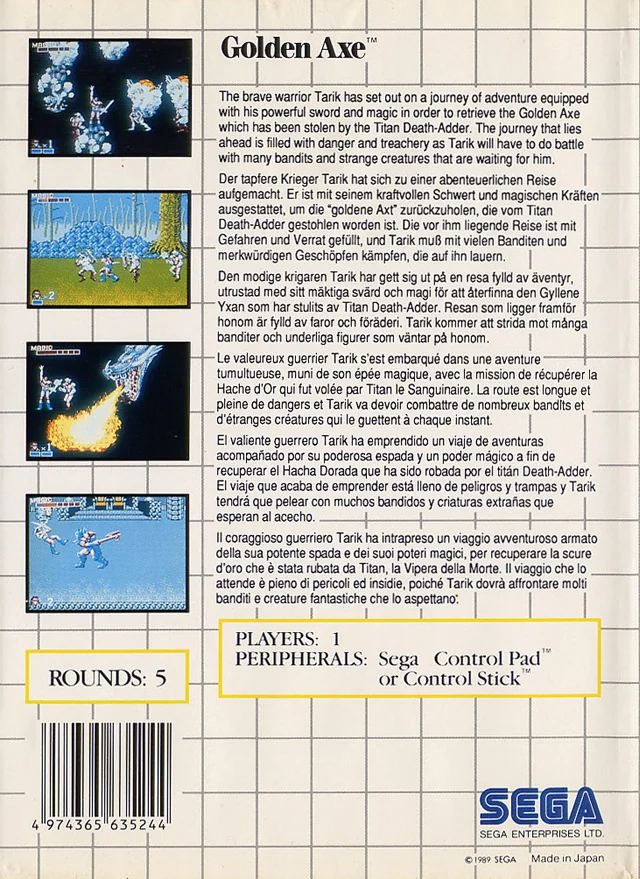 Contraportada europea de Golden Axe per a Sega Master System, amb text multilingüe i quatre captures del joc.