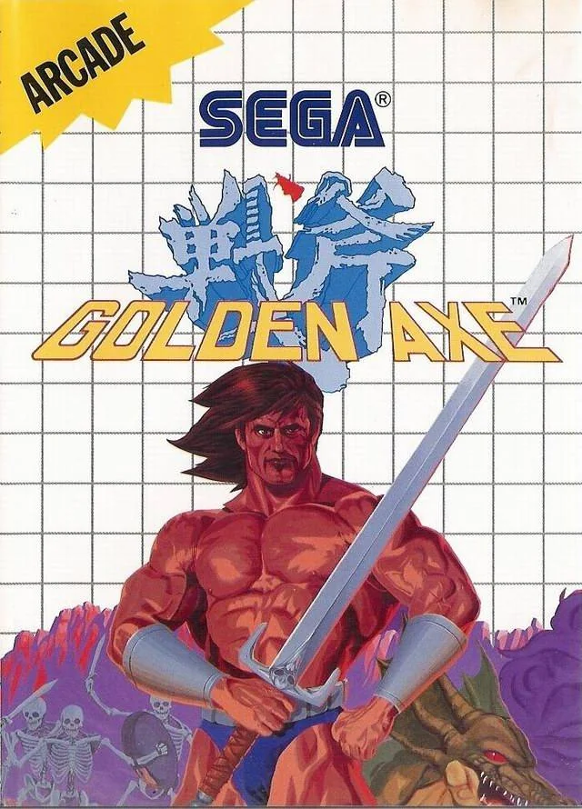 Portada europea de Golden Axe per a Sega Master System, amb un guerrer alçant una espasa en un paisatge fantàstic.