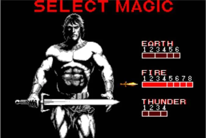 Pantalla de selecció amb les opcions Earth, Fire i Thunder i indicadors de longitud diferent.