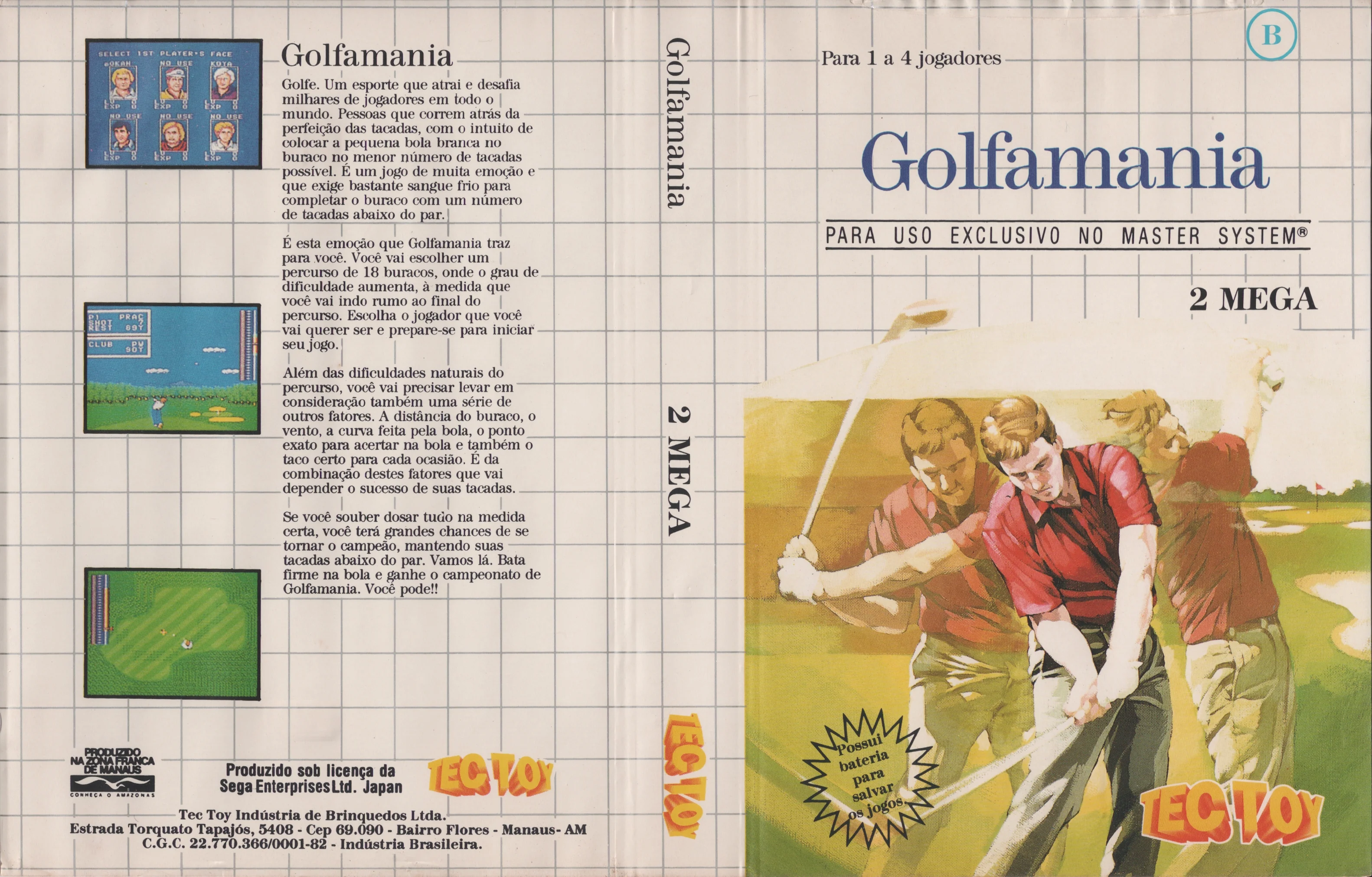 Coberta brasilera desplegada de Golfamania amb il·lustració, captures, text portuguès i marca Tec Toy.