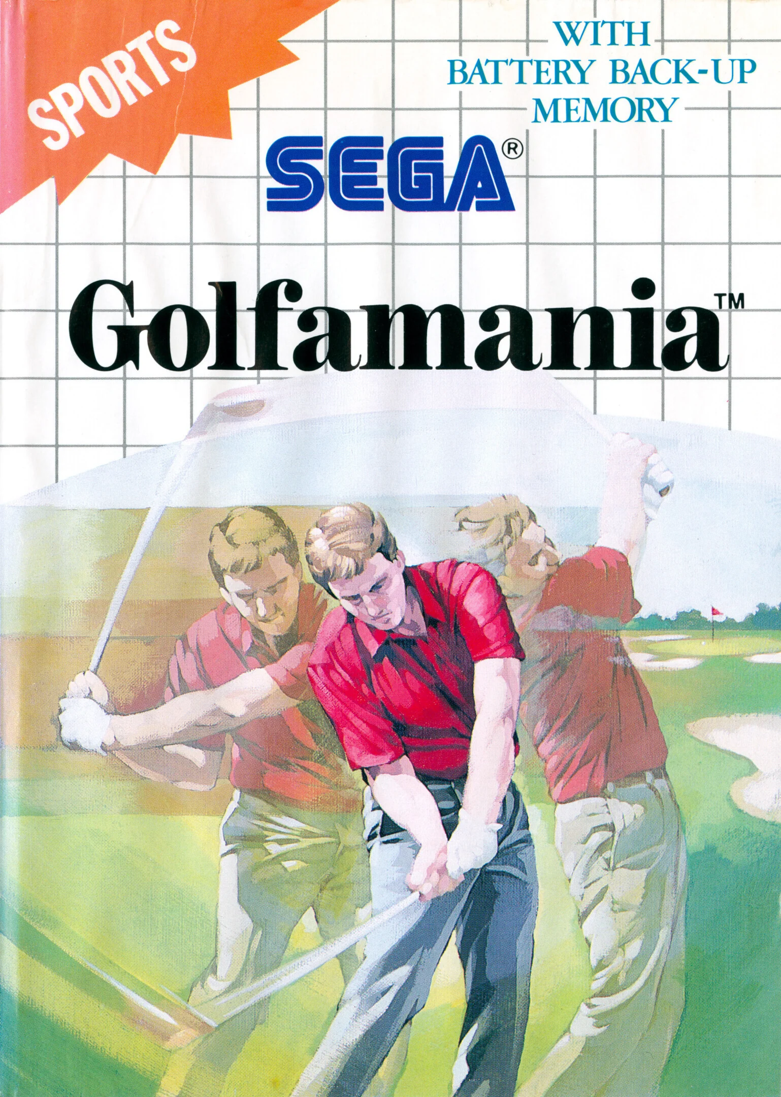Portada europea de Golfamania per a Sega Master System, amb un golfista executant un cop.