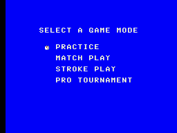 Menú de Golfamania amb Practice, Match Play, Stroke Play i Pro Tournament.