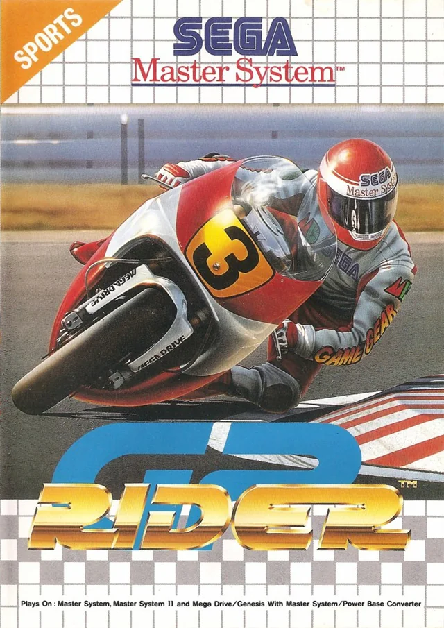 Portada frontal europea de GP Rider per a Sega Master System, amb un pilot inclinat en un revolt.