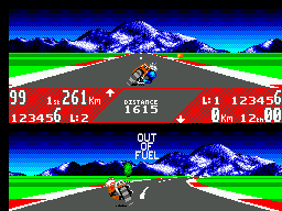 Cursa de GP Rider amb el missatge OUT OF FUEL a la meitat inferior.