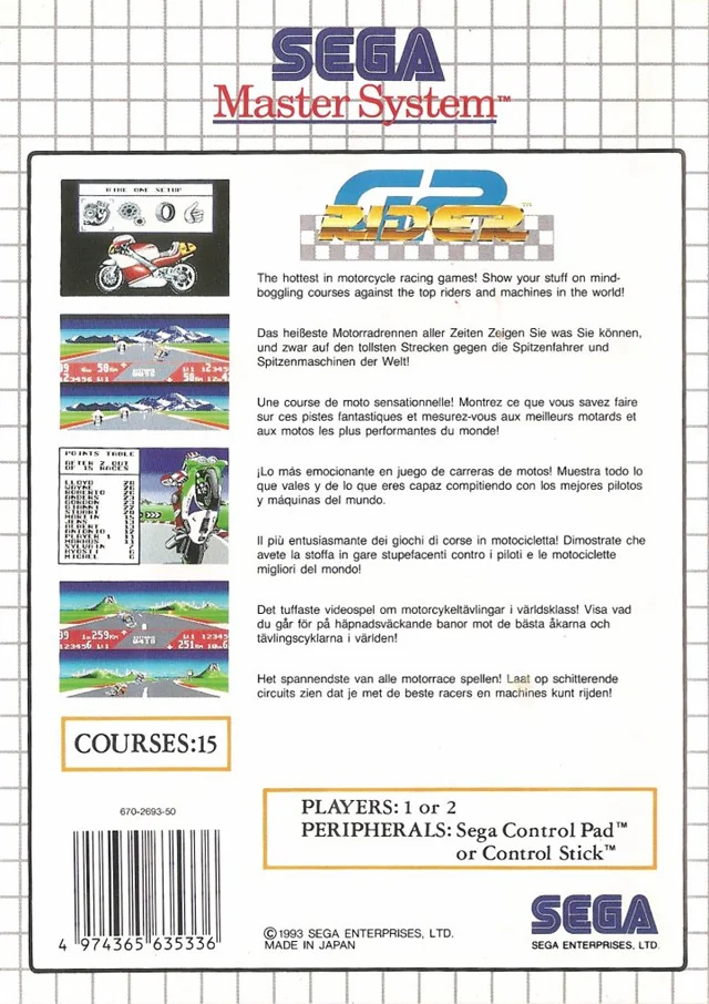 Contraportada europea de GP Rider per a Sega Master System, amb captures i textos en diversos idiomes.
