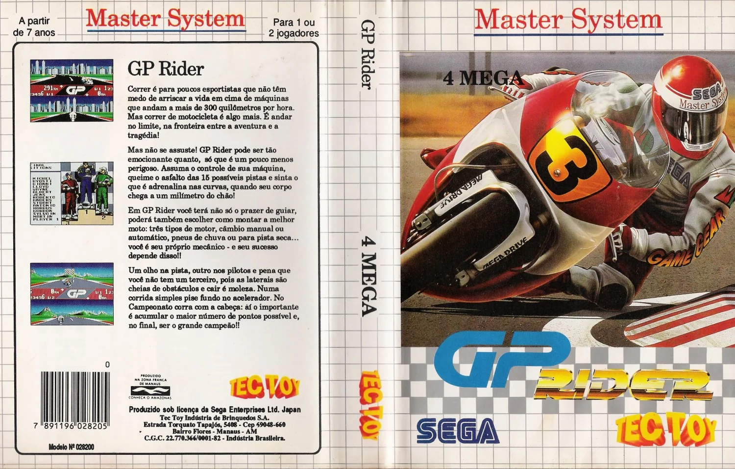 Caràtula desplegada de l’edició brasilera de GP Rider, amb marques Sega i Tec Toy.