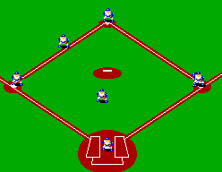Vista zenital del diamant de Great Baseball amb corredors a les bases i els defensors col·locats al camp.